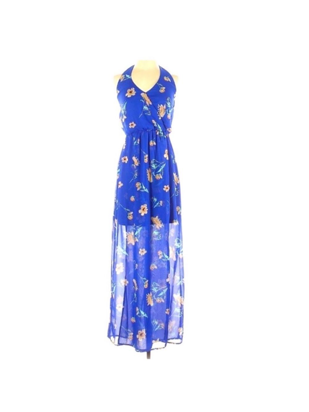 Blue Floral Halter Sheer Maxi Dress